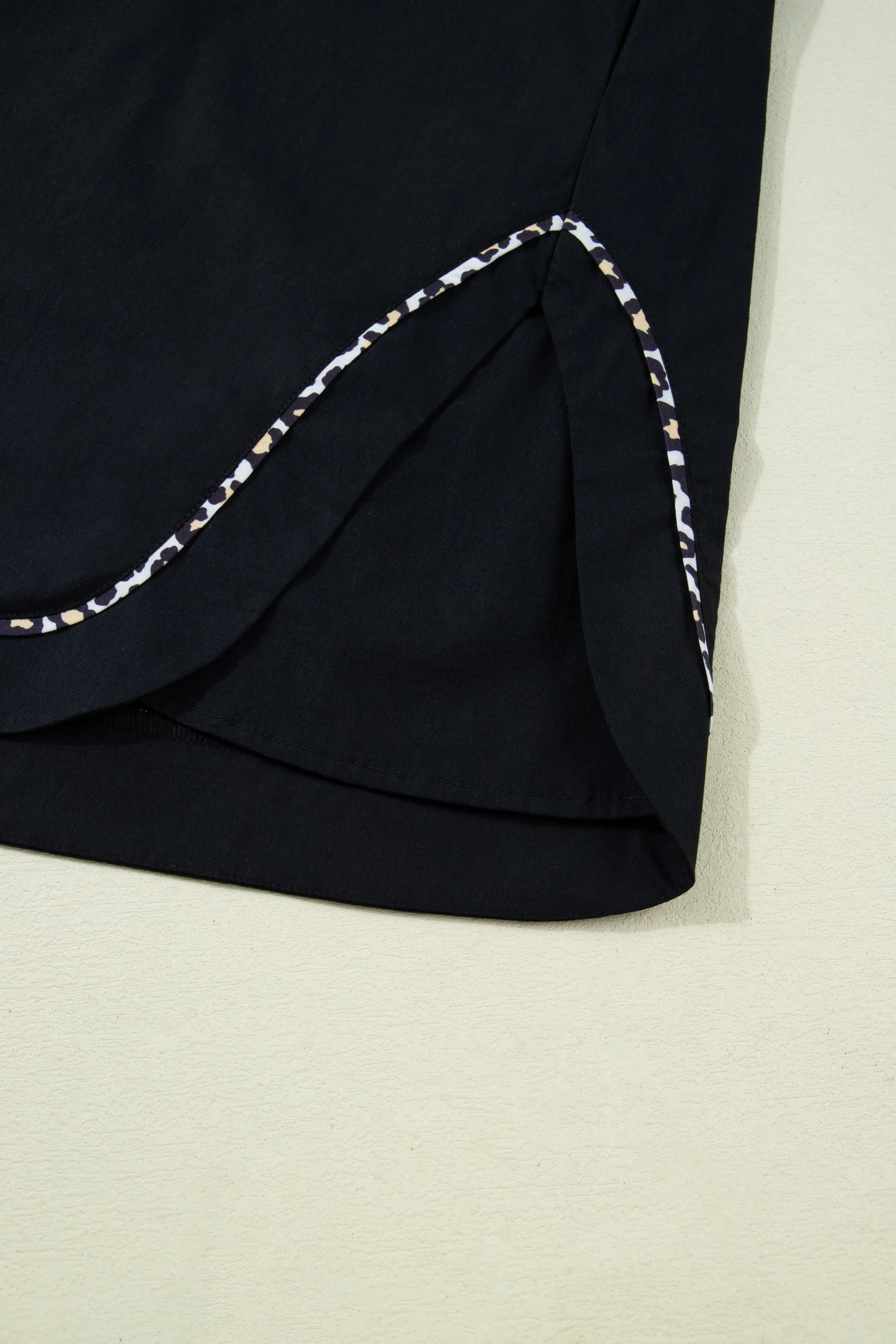 Black Leopard Trim Notched Neck Short Puff Sleeve Shift Mini Dress - MarkoFit