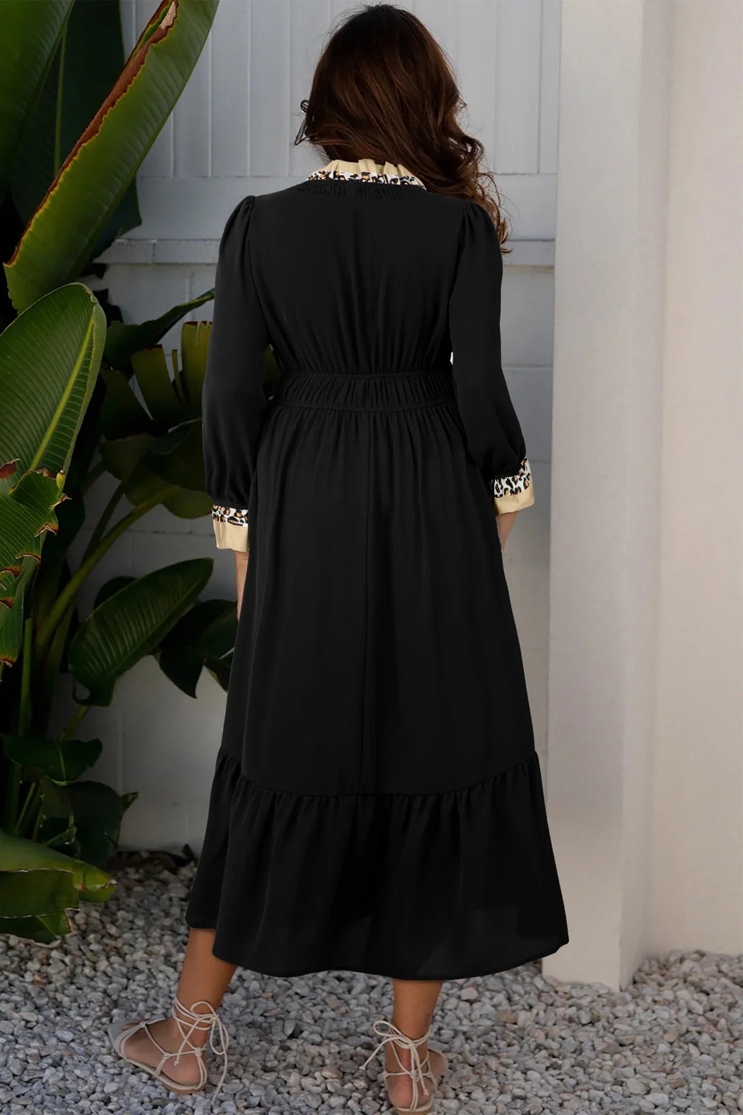 Black Contrast Leopard Frilled Trim V Neck Bracelet Sleeve Midi Dress - MarkoFit