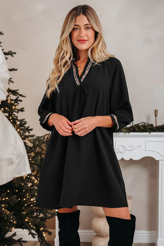 Black Contrast Trim V Neck Bracelet Sleeve Shift Mini Dress - MarkoFit