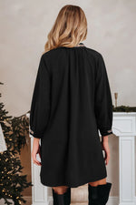 Black Contrast Trim V Neck Bracelet Sleeve Shift Mini Dress - MarkoFit