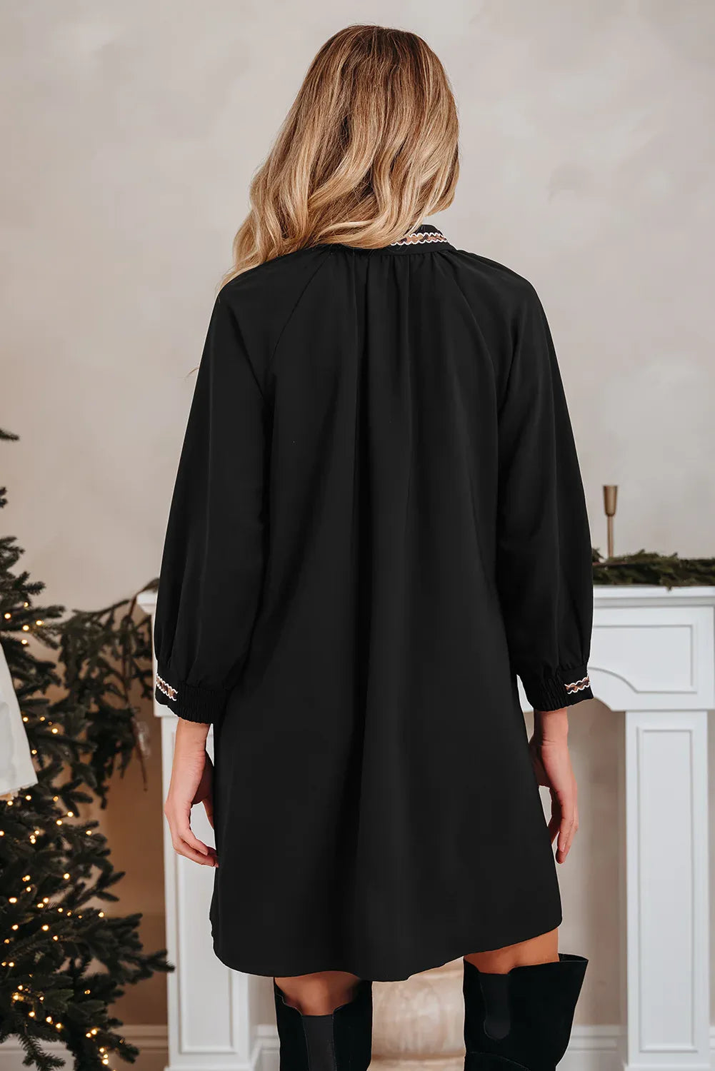 Black Contrast Trim V Neck Bracelet Sleeve Shift Mini Dress - MarkoFit