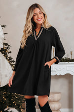 Black Contrast Trim V Neck Bracelet Sleeve Shift Mini Dress - MarkoFit