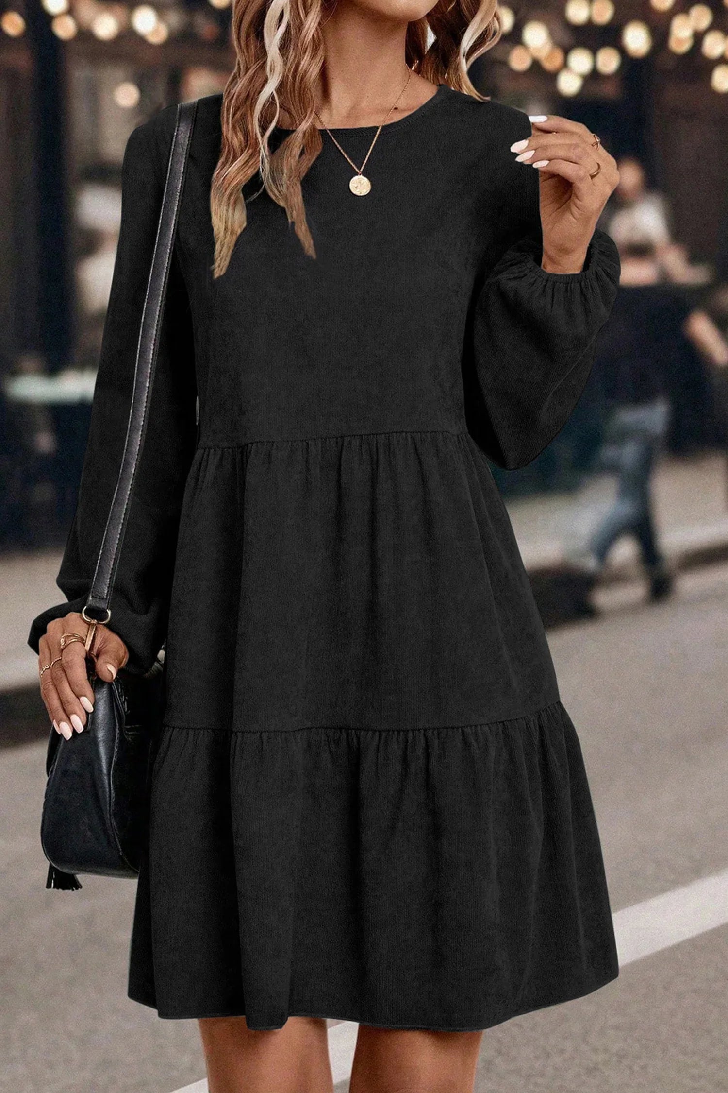 Black Lantern Sleeve Tiered Mini Dress - MarkoFit