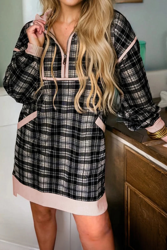 Black Plaid Polo Collar Zip up Contrast Trim Shift Long Sleeve Mini Dress - MarkoFit