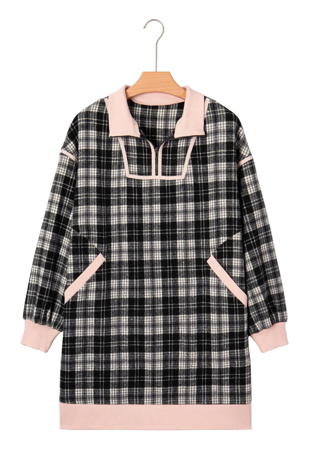 Black Plaid Polo Collar Zip up Contrast Trim Shift Long Sleeve Mini Dress - MarkoFit