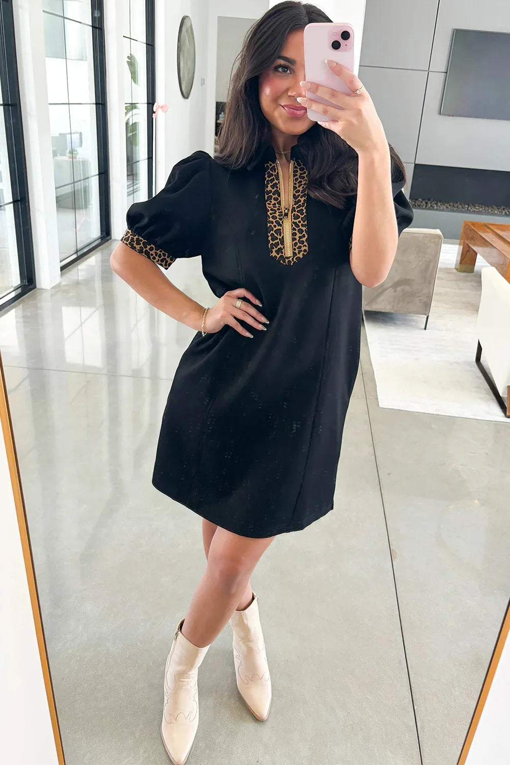 Black Leopard Patchwork Zip Collared Short Puff Sleeve Shift Mini Dress - MarkoFit