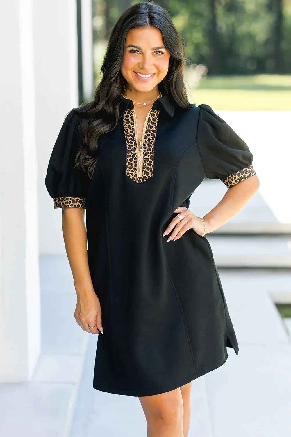 Black Leopard Patchwork Zip Collared Short Puff Sleeve Shift Mini Dress - MarkoFit