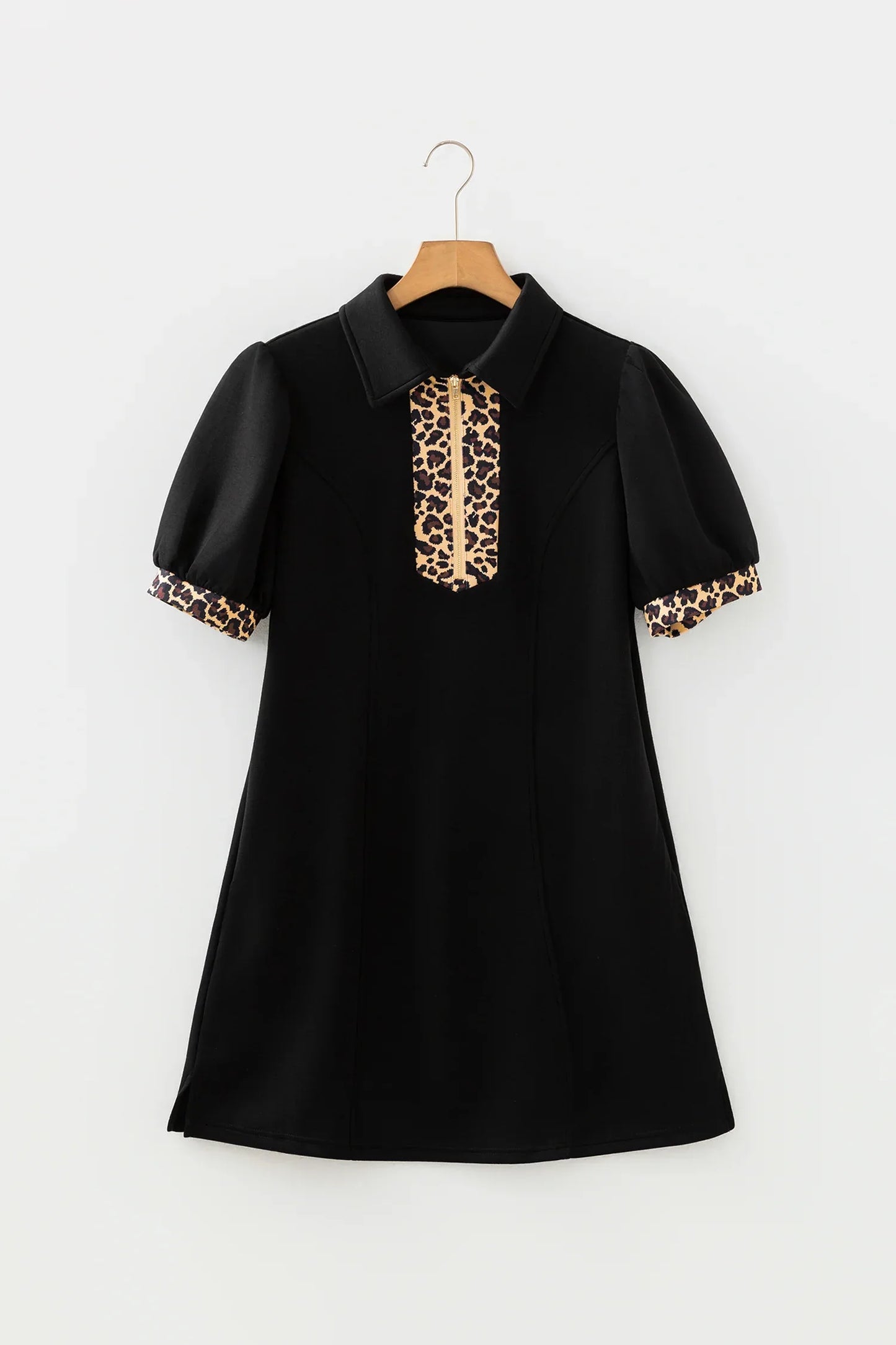 Black Leopard Patchwork Zip Collared Short Puff Sleeve Shift Mini Dress - MarkoFit
