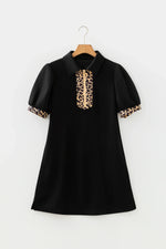 Black Leopard Patchwork Zip Collared Short Puff Sleeve Shift Mini Dress - MarkoFit