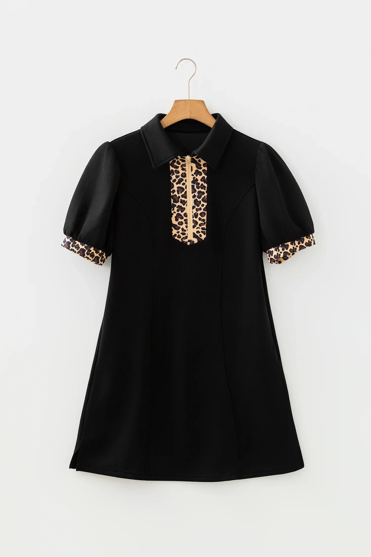 Black Leopard Patchwork Zip Collared Short Puff Sleeve Shift Mini Dress - MarkoFit