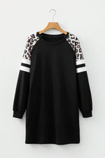 Black Leopard Print Patchwork Varsity Raglan Sleeve Sweatshirt Dress - MarkoFit