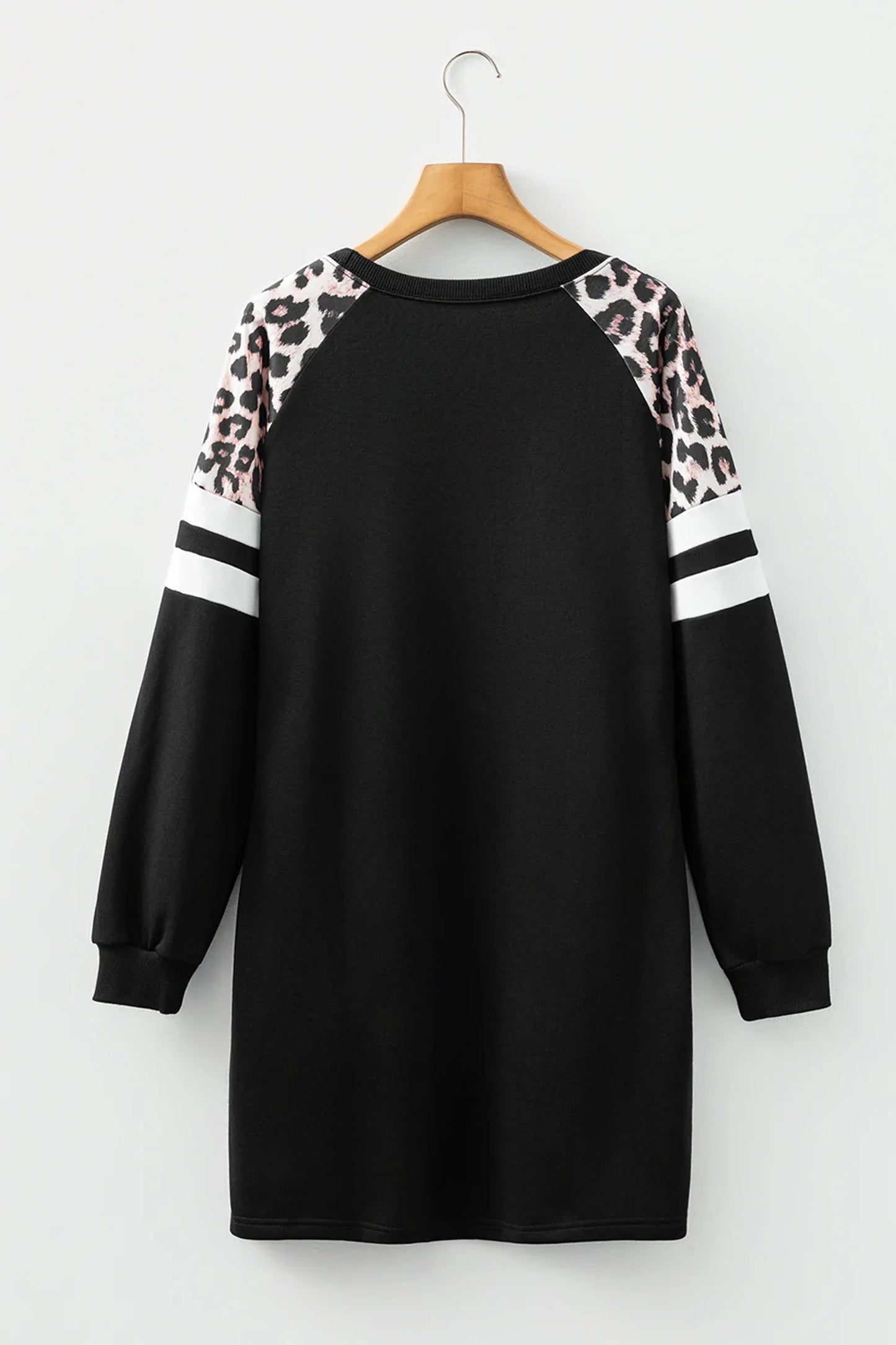 Black Leopard Print Patchwork Varsity Raglan Sleeve Sweatshirt Dress - MarkoFit