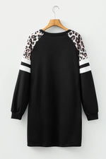 Black Leopard Print Patchwork Varsity Raglan Sleeve Sweatshirt Dress - MarkoFit