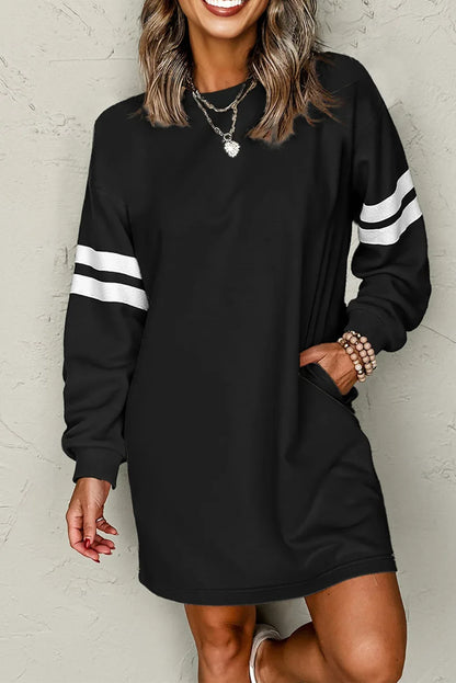 Black Varsity Contrast Banded Sleeve Shift Sweatshirt Dress - MarkoFit
