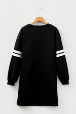 Black Varsity Contrast Banded Sleeve Shift Sweatshirt Dress - MarkoFit