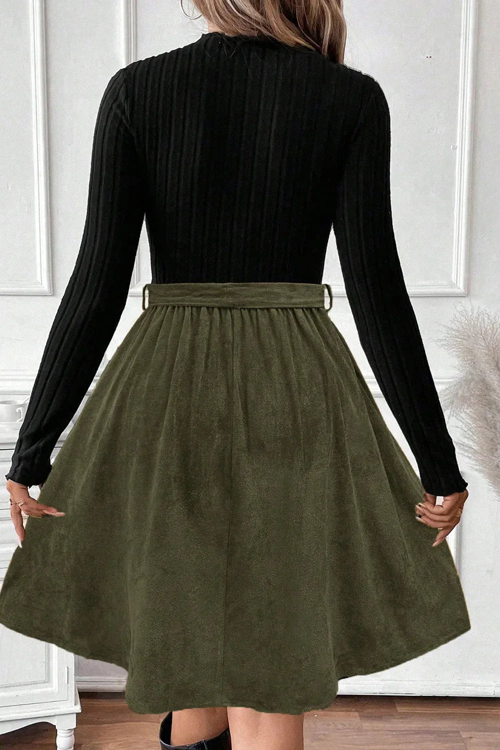 Black Ribbed Knit Slim Bodice Contrast Flared Skirt Patchwork Belted Dress - MarkoFit