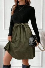 Black Ribbed Knit Slim Bodice Contrast Flared Skirt Patchwork Belted Dress - MarkoFit