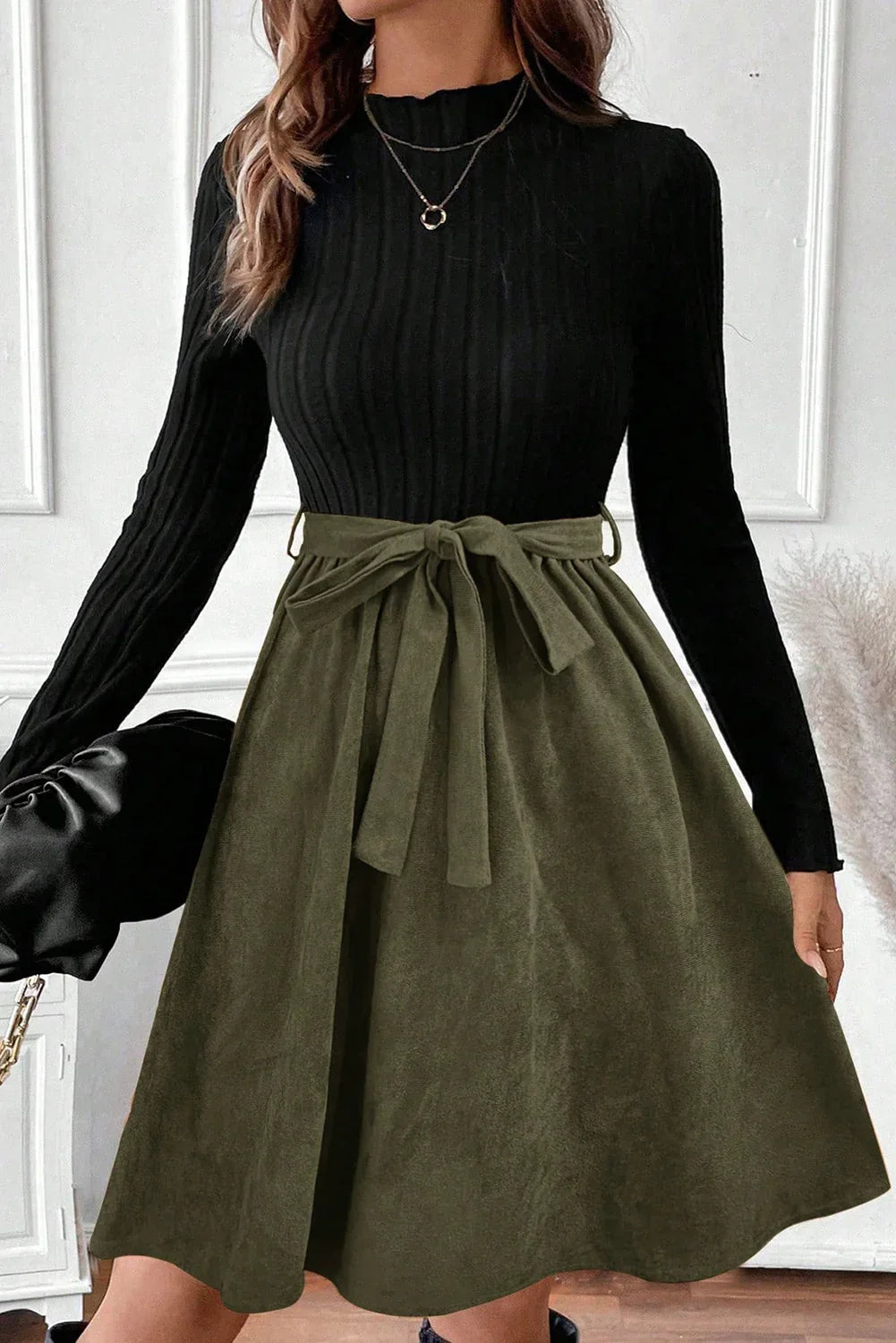 Black Ribbed Knit Slim Bodice Contrast Flared Skirt Patchwork Belted Dress - MarkoFit