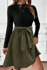 Black Ribbed Knit Slim Bodice Contrast Flared Skirt Patchwork Belted Dress - MarkoFit
