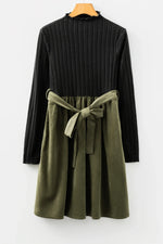 Black Ribbed Knit Slim Bodice Contrast Flared Skirt Patchwork Belted Dress - MarkoFit