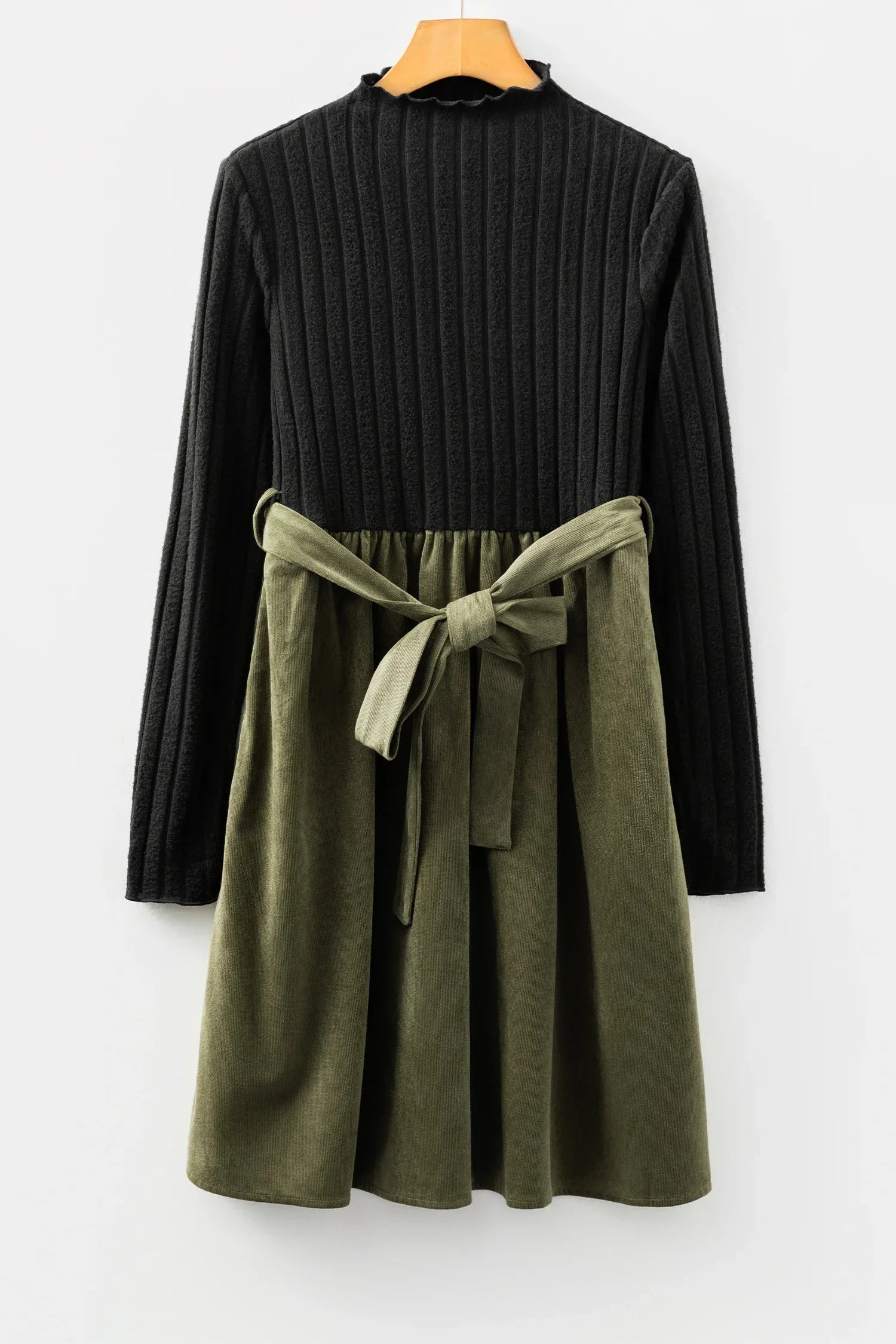 Black Ribbed Knit Slim Bodice Contrast Flared Skirt Patchwork Belted Dress - MarkoFit