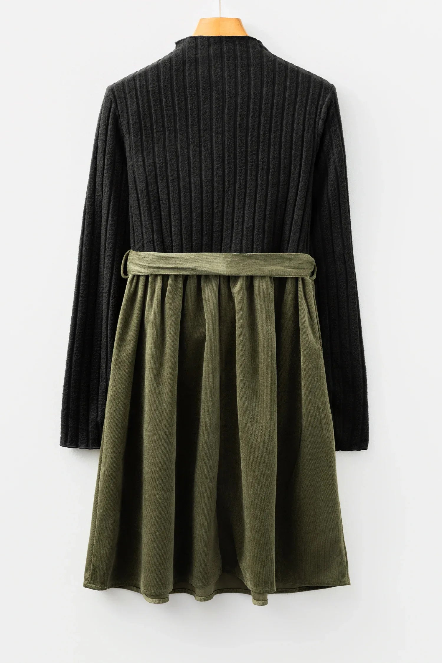 Black Ribbed Knit Slim Bodice Contrast Flared Skirt Patchwork Belted Dress - MarkoFit