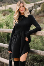 Black Frilled Neck Ribbed Knit Patchwork Long Sleeve Mini Dress - MarkoFit