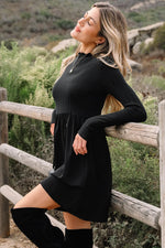 Black Frilled Neck Ribbed Knit Patchwork Long Sleeve Mini Dress - MarkoFit