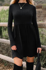 Black Frilled Neck Ribbed Knit Patchwork Long Sleeve Mini Dress - MarkoFit