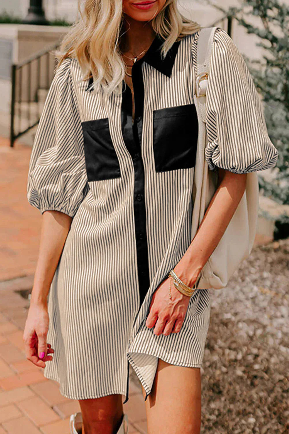 Black Stripe Color Block Patchwork Shirt Collar Button Down Puff Sleeve Mini Dress - MarkoFit