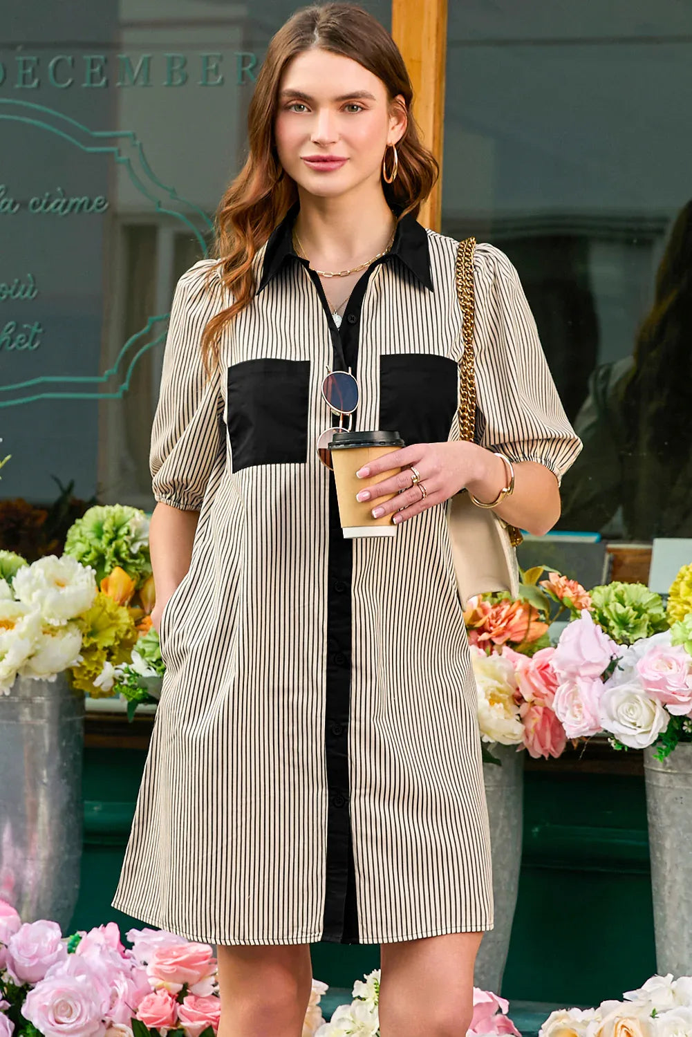 Black Stripe Color Block Patchwork Shirt Collar Button Down Puff Sleeve Mini Dress - MarkoFit