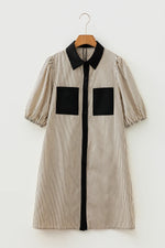 Black Stripe Color Block Patchwork Shirt Collar Button Down Puff Sleeve Mini Dress - MarkoFit