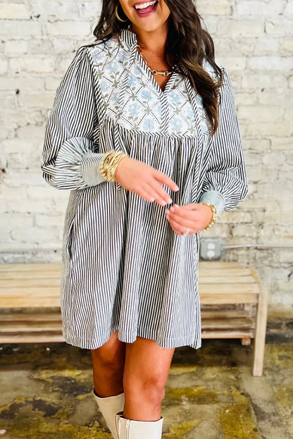 Black Stripe Floral Patchwork Tied V Neck Shift Long Sleeve Mini Dress - MarkoFit