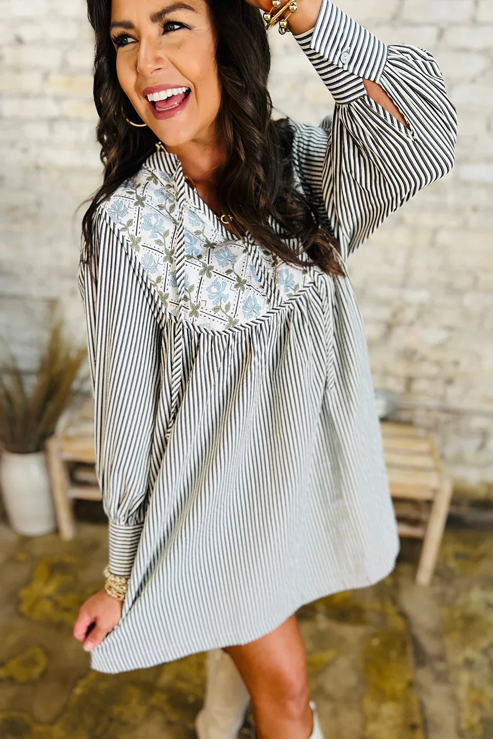 Black Stripe Floral Patchwork Tied V Neck Shift Long Sleeve Mini Dress - MarkoFit