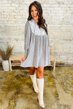 Black Stripe Floral Patchwork Tied V Neck Shift Long Sleeve Mini Dress - MarkoFit