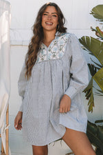 Black Stripe Floral Patchwork Tied V Neck Shift Long Sleeve Mini Dress - MarkoFit