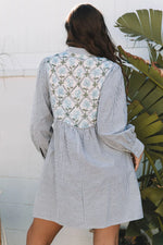 Black Stripe Floral Patchwork Tied V Neck Shift Long Sleeve Mini Dress - MarkoFit