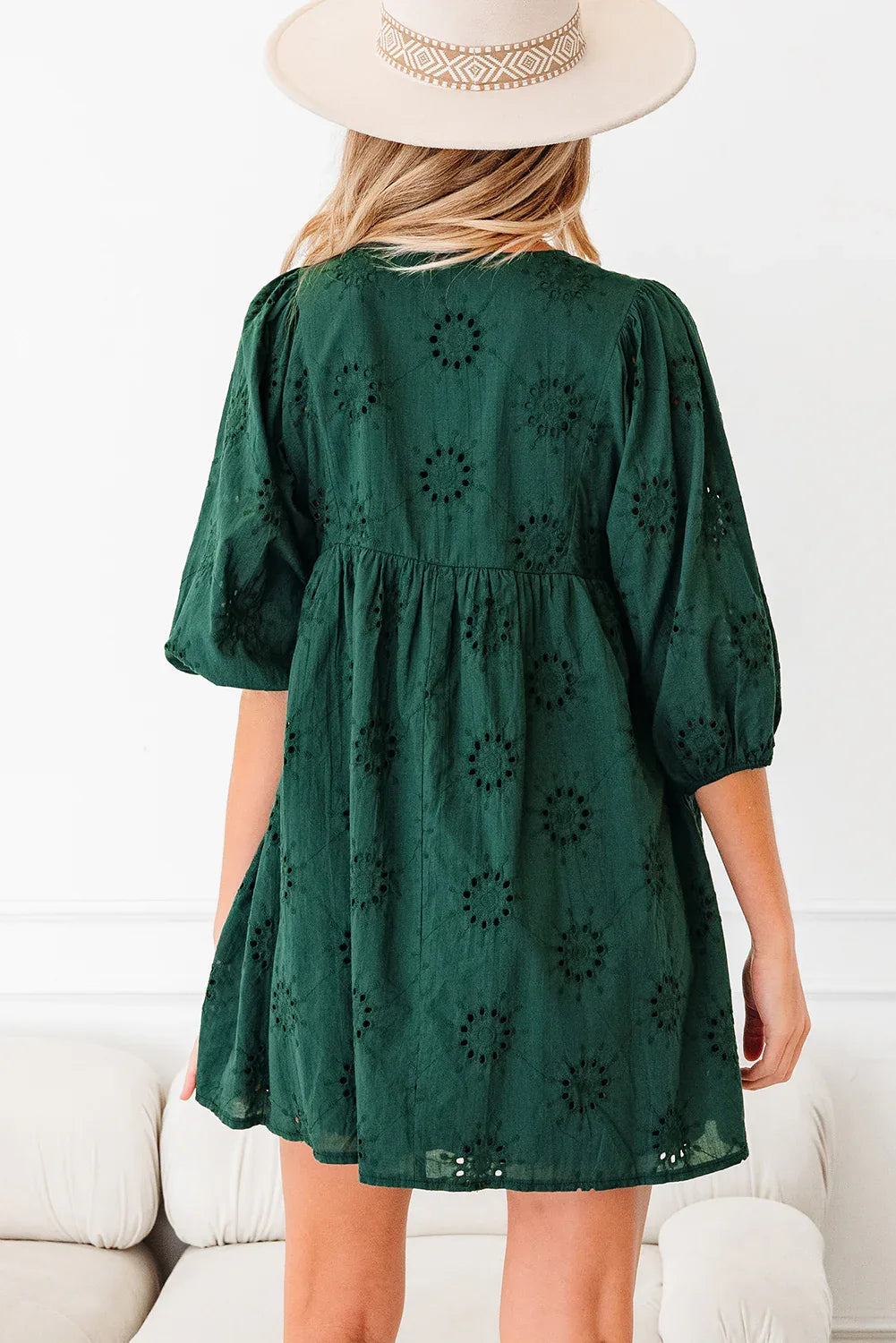 Blackish Green Embroidered Eyelet Pattern 3/4 Puffy Sleeve Swing Mini Dress - MarkoFit