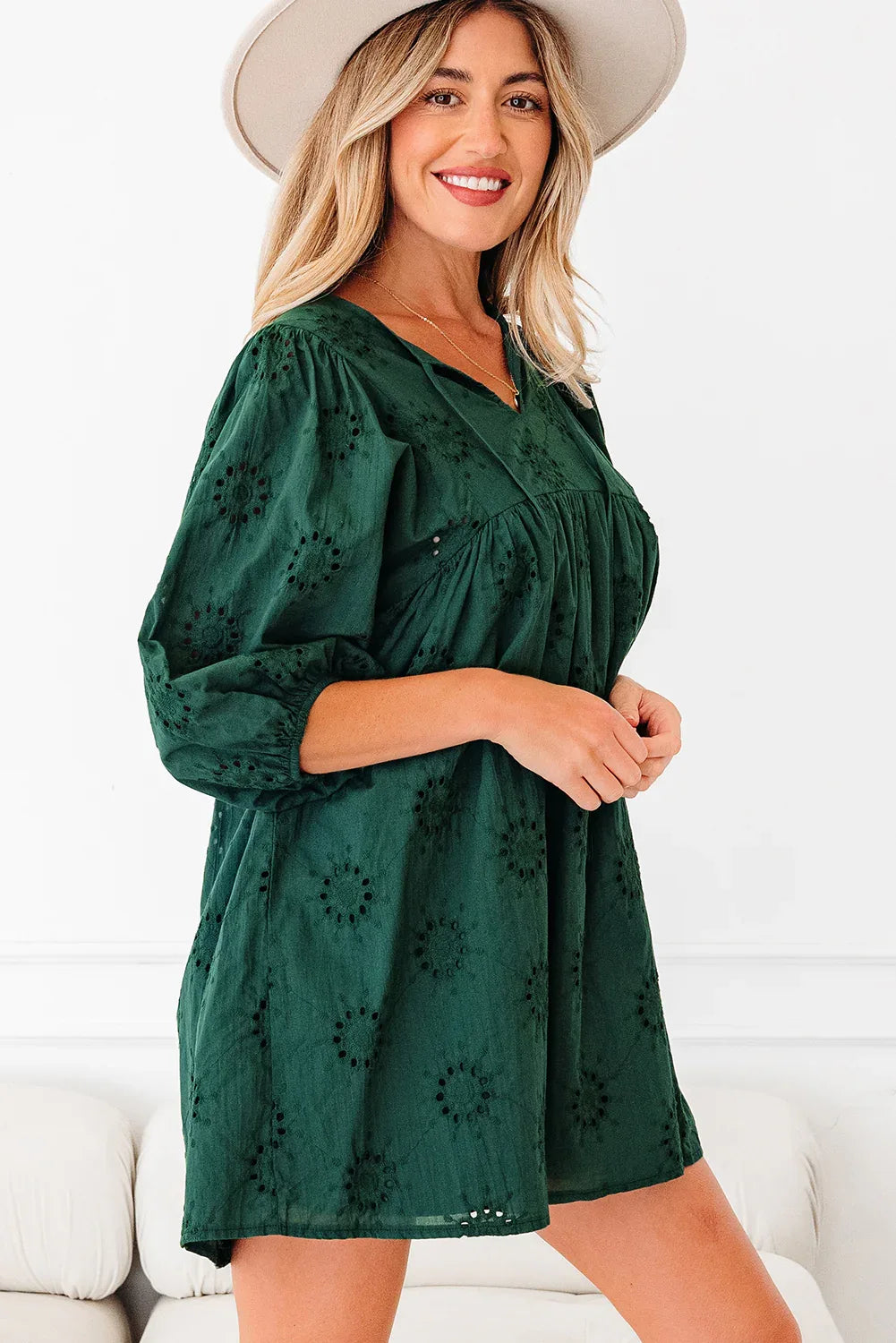 Blackish Green Embroidered Eyelet Pattern 3/4 Puffy Sleeve Swing Mini Dress - MarkoFit
