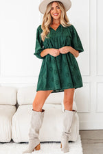 Blackish Green Embroidered Eyelet Pattern 3/4 Puffy Sleeve Swing Mini Dress - MarkoFit