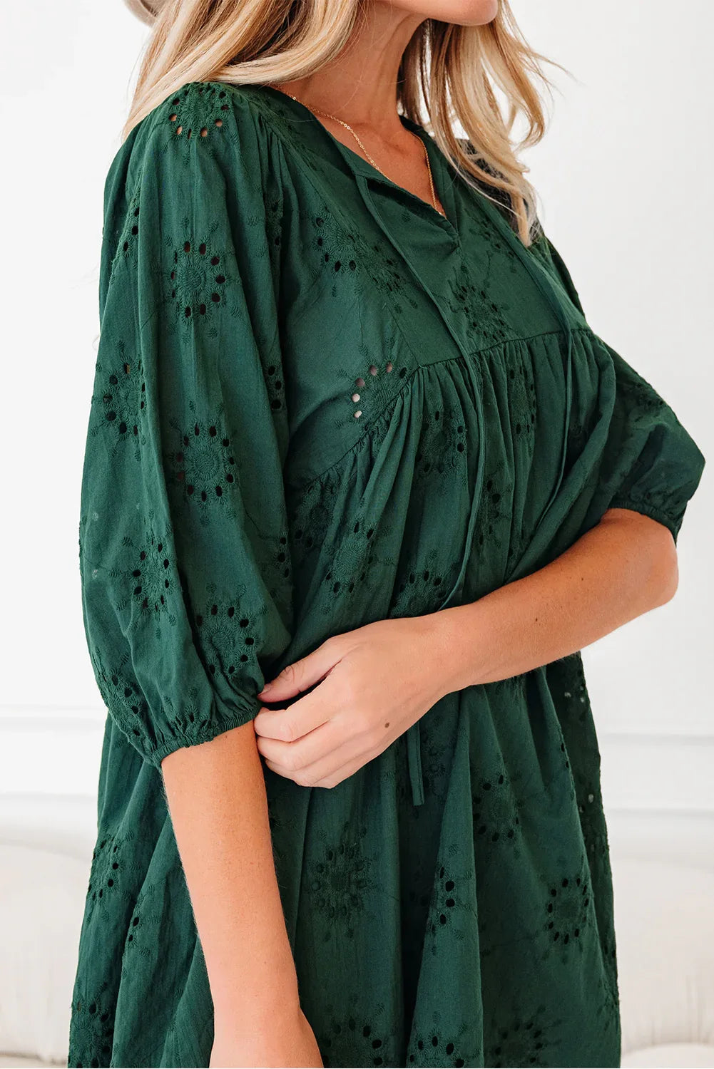 Blackish Green Embroidered Eyelet Pattern 3/4 Puffy Sleeve Swing Mini Dress - MarkoFit