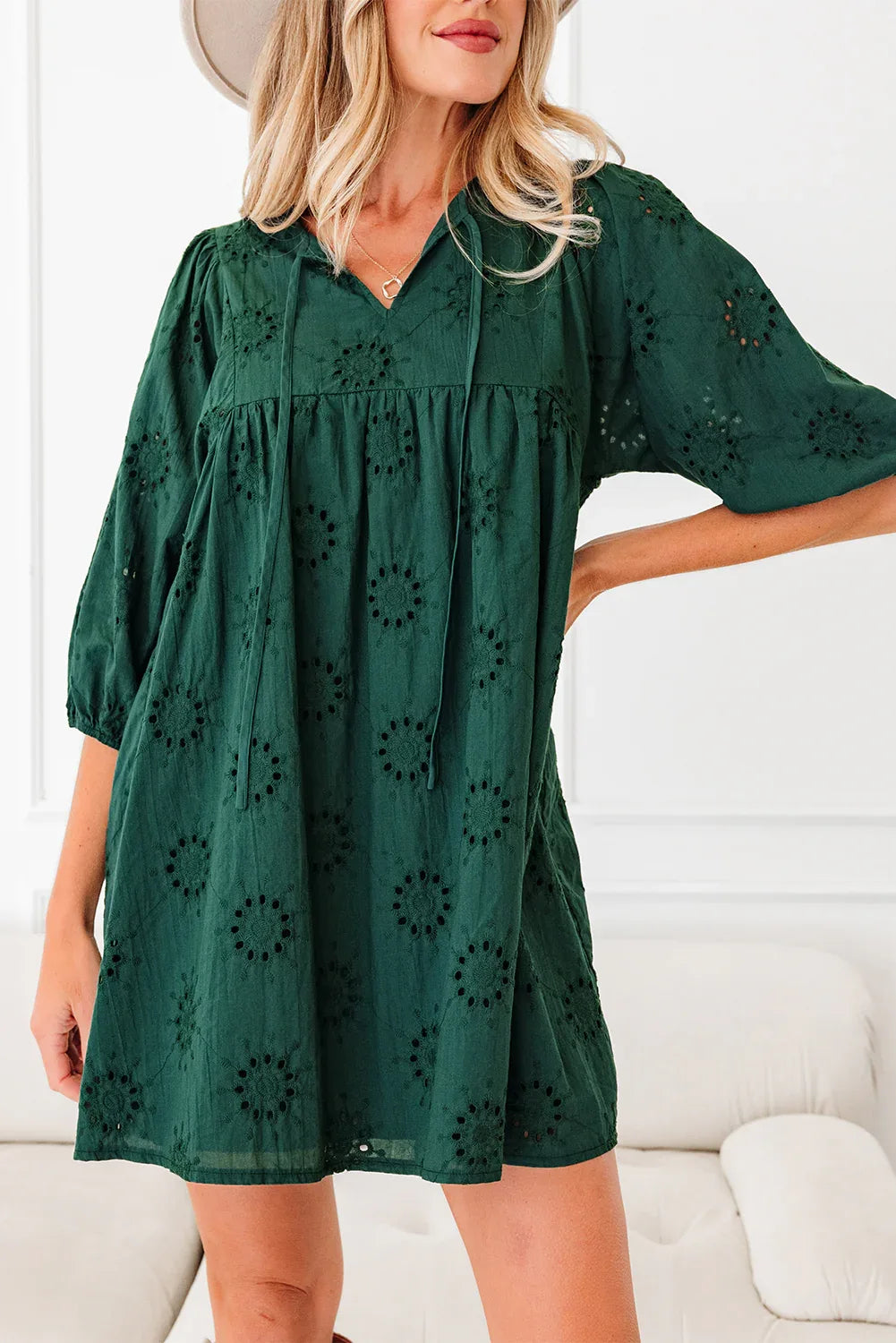 Blackish Green Embroidered Eyelet Pattern 3/4 Puffy Sleeve Swing Mini Dress - MarkoFit