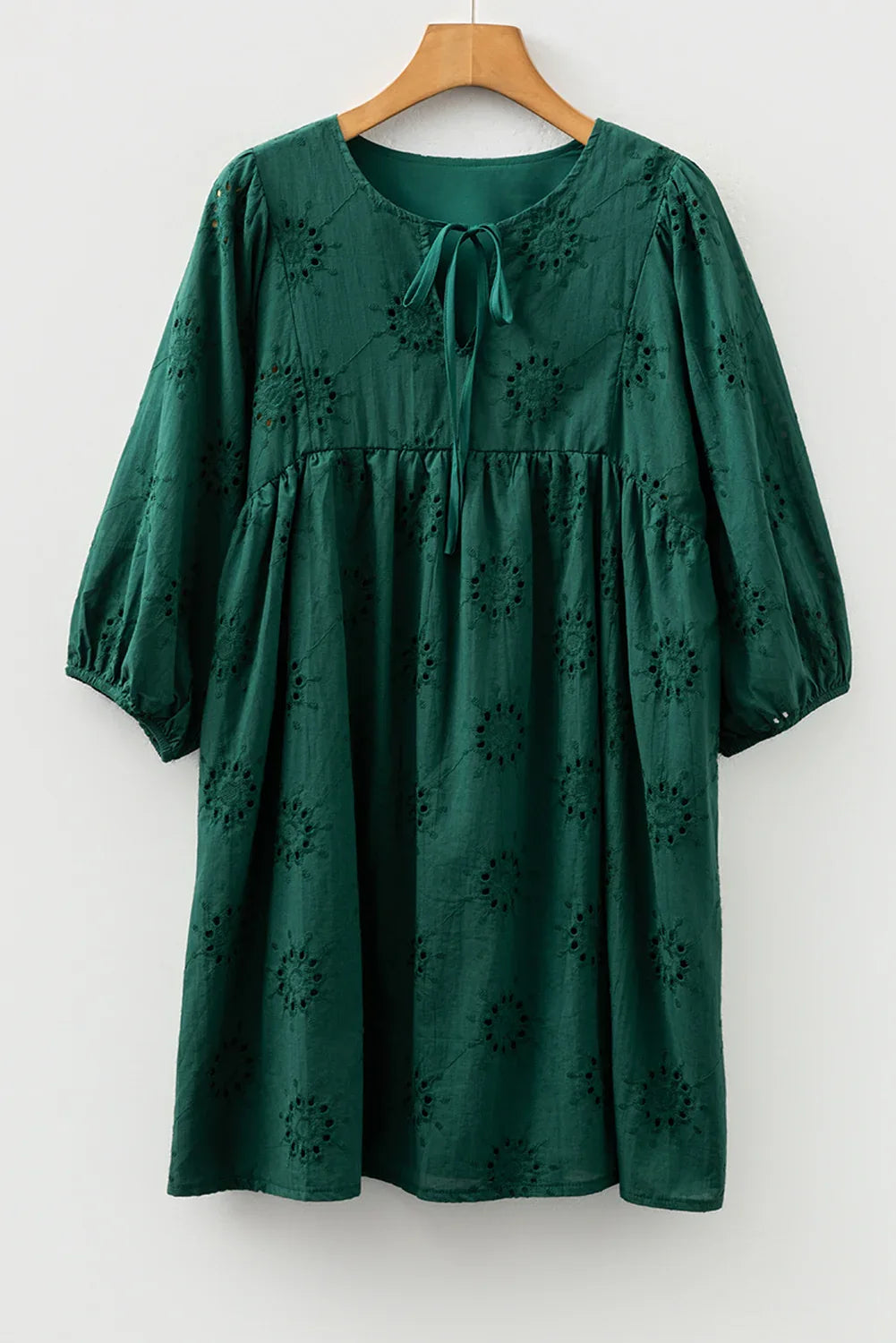 Blackish Green Embroidered Eyelet Pattern 3/4 Puffy Sleeve Swing Mini Dress - MarkoFit