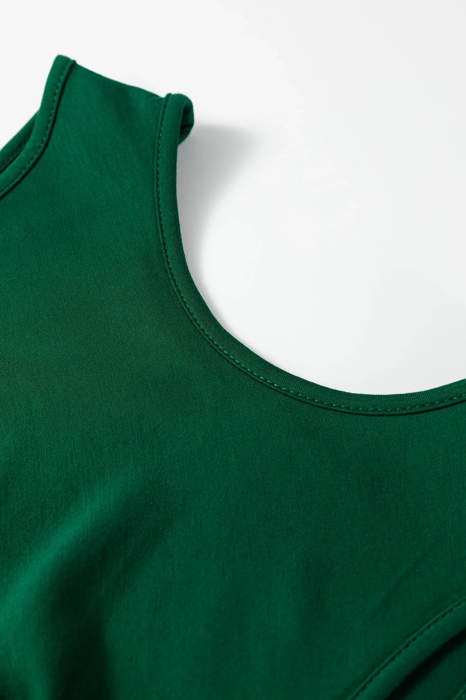 Blackish Green Solid Color Round Neck Ruched Detail Sleeveless Mini Dress - MarkoFit