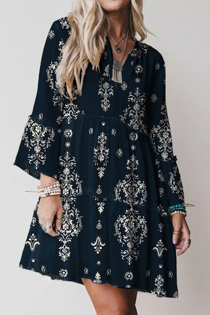 Blue Boho Floral Print Lettuce Trim 3/4 Sleeve Mini Dress - MarkoFit