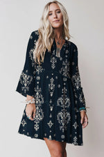 Blue Boho Floral Print Lettuce Trim 3/4 Sleeve Mini Dress - MarkoFit