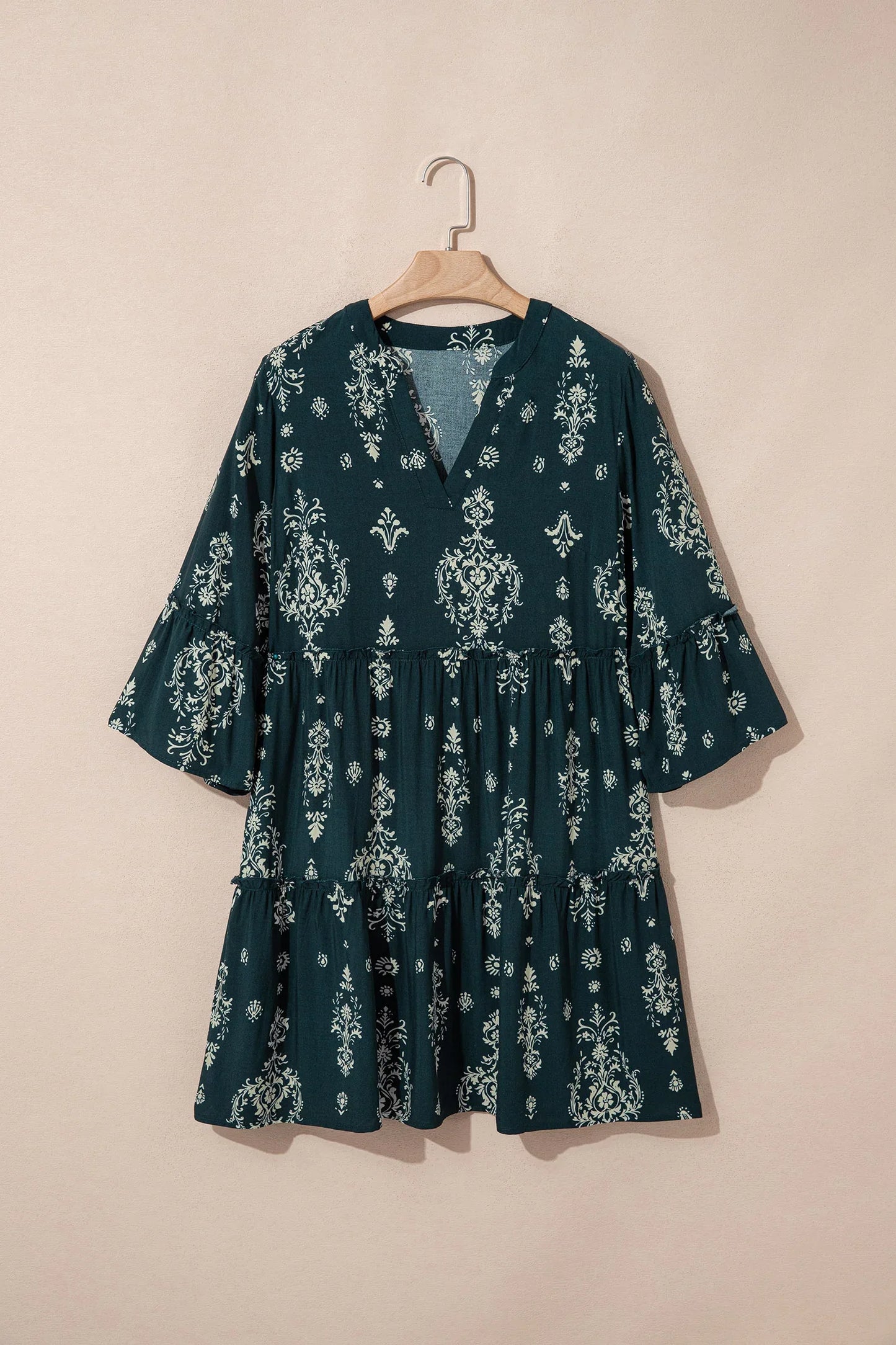 Blue Boho Floral Print Lettuce Trim 3/4 Sleeve Mini Dress - MarkoFit