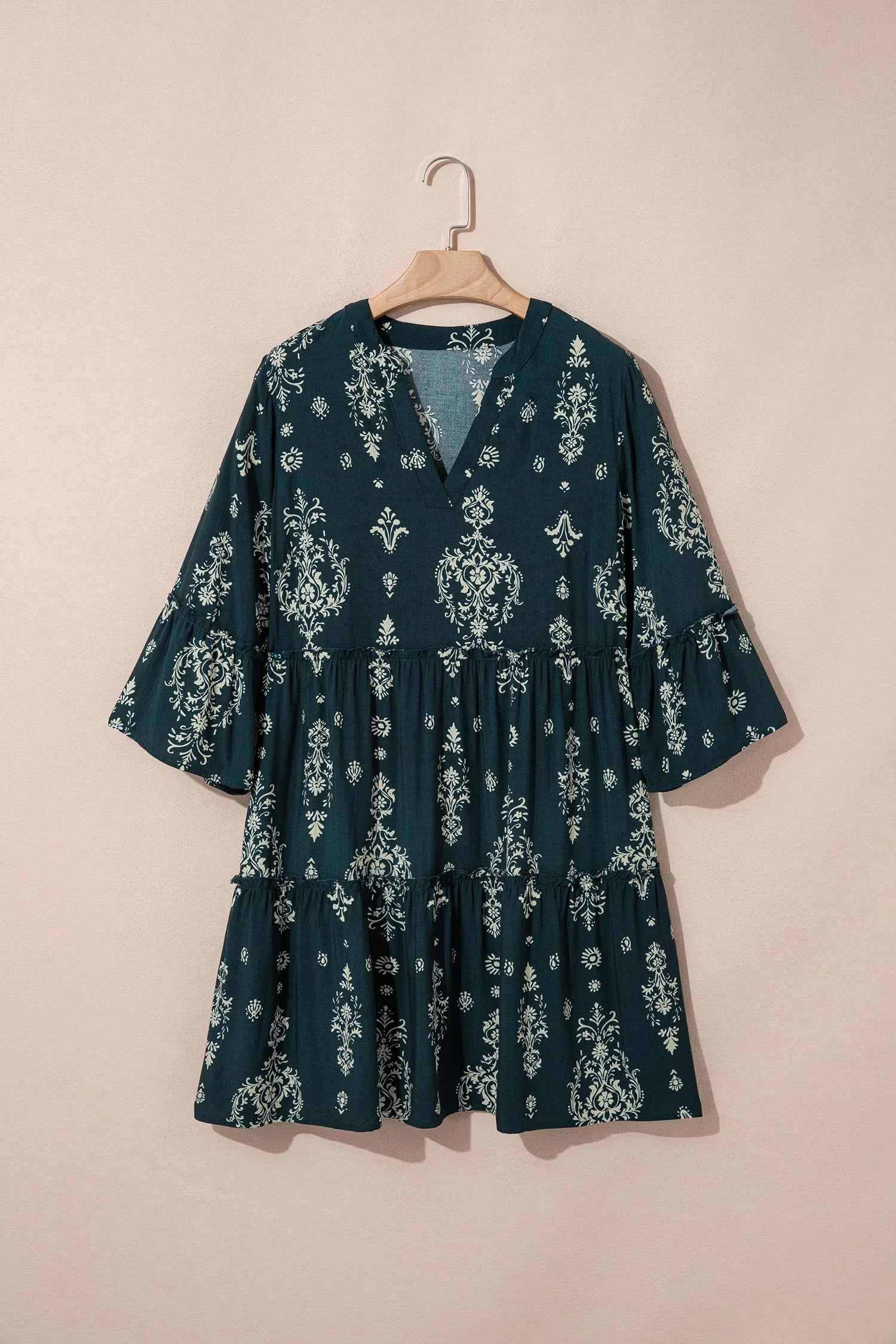 Blue Boho Floral Print Lettuce Trim 3/4 Sleeve Mini Dress - MarkoFit