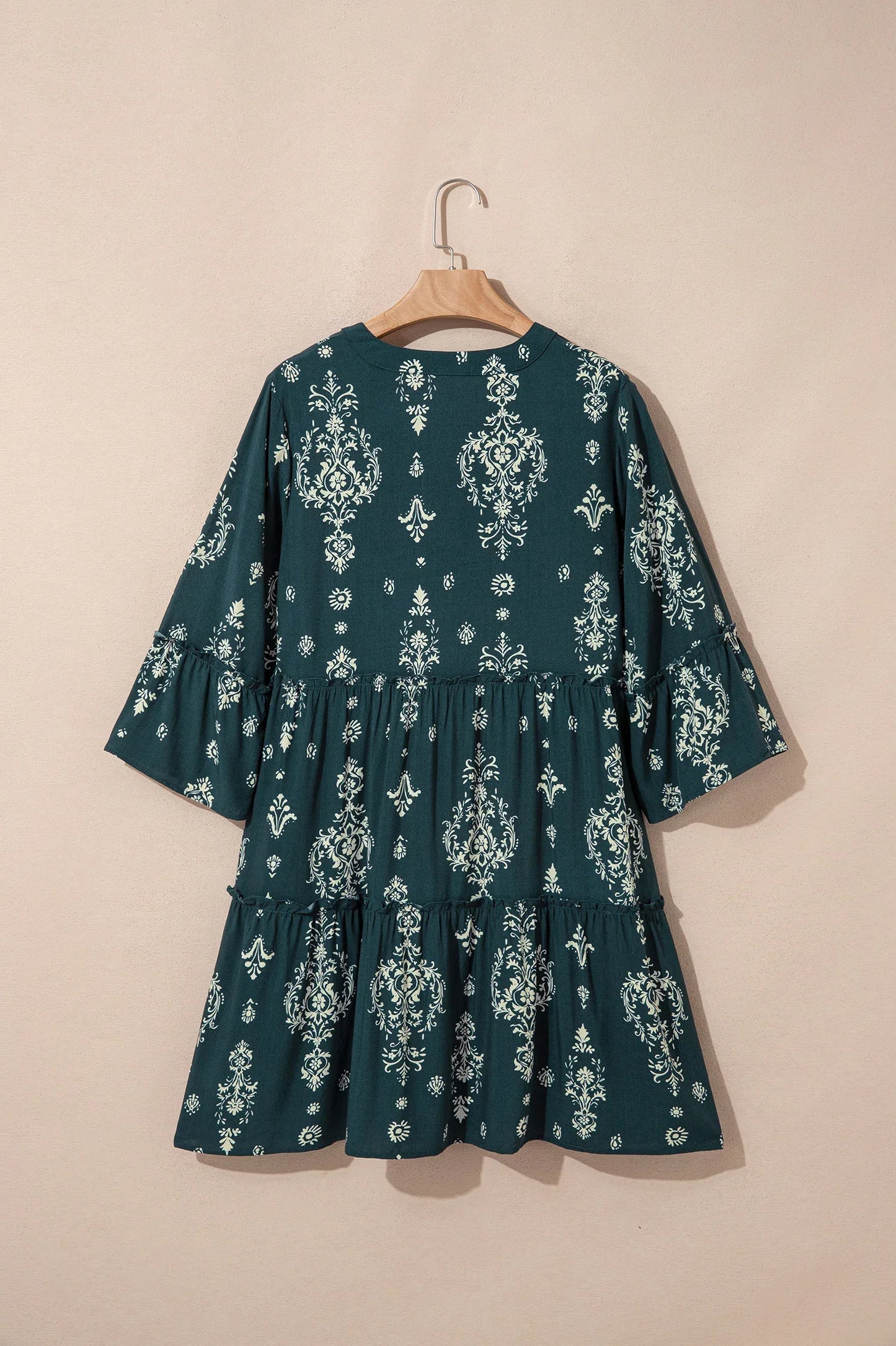 Blue Boho Floral Print Lettuce Trim 3/4 Sleeve Mini Dress - MarkoFit
