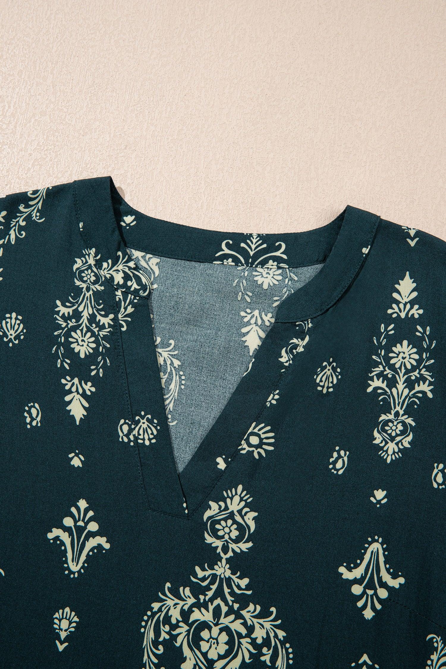 Blue Boho Floral Print Lettuce Trim 3/4 Sleeve Mini Dress - MarkoFit